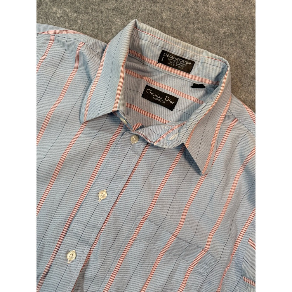 Vintage Christian Dior Monsieur Mens Striped Dress Shirt Blue Red 15.5-33 USA
